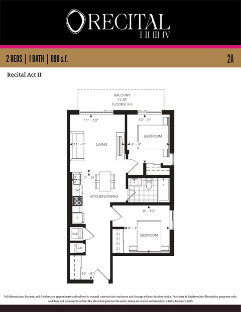 Floor plan for 2 beds, 1 bath, 691 sqft